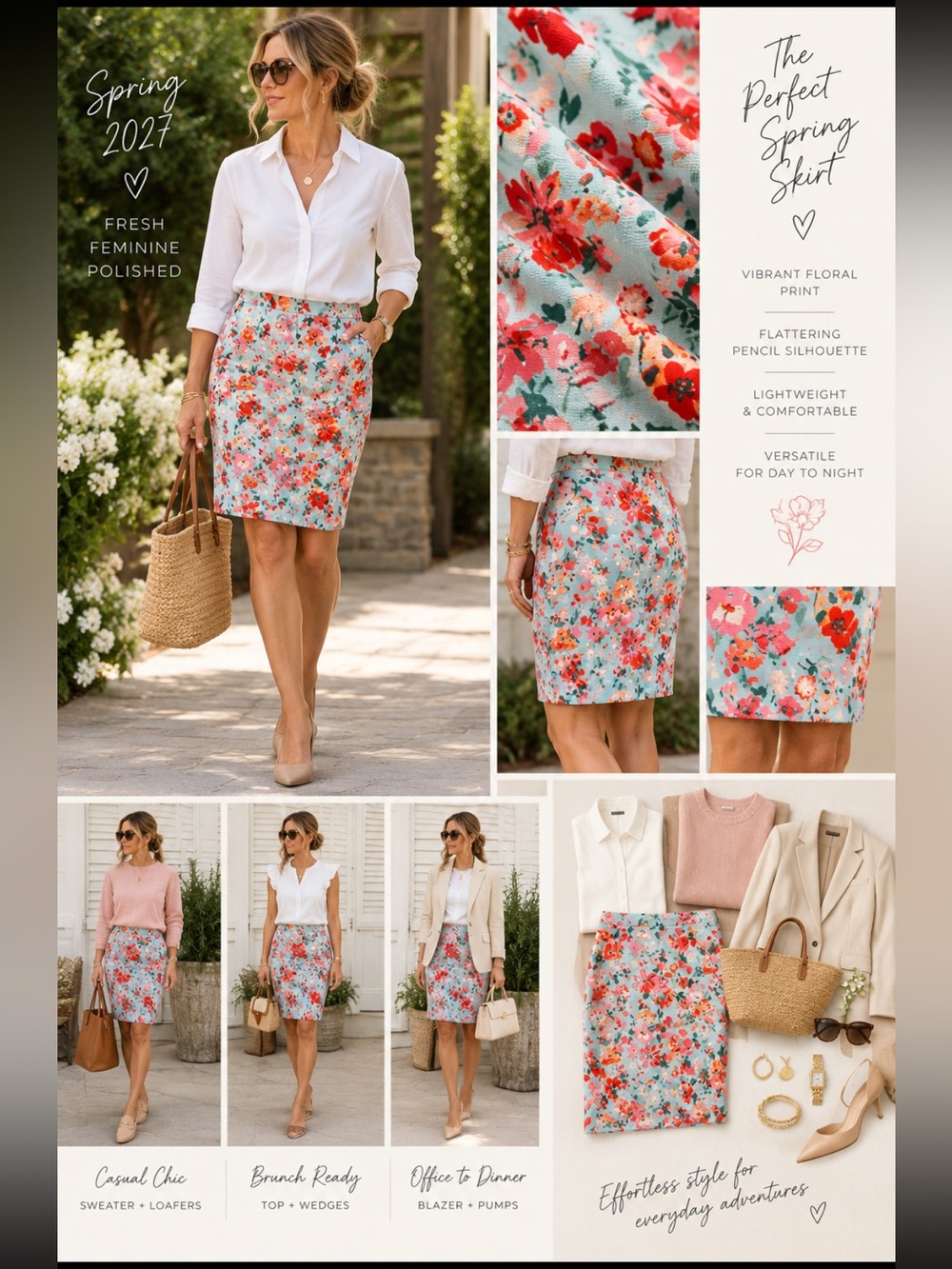 J. Crew Aqua Floral Pencil Skirt with Red & Pink Blooms